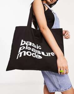 Черная большая сумка-тоут из холщовой ткани с волнистым логотипом Basic Pleasure Mode