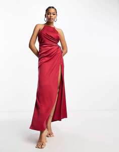 Атласное платье макси с вырезом халтер и рюшами на талии ASOS винного цвета