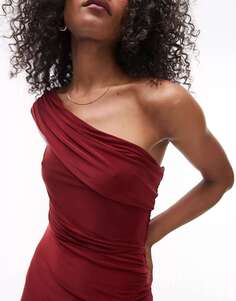 Супермягкое облегающее платье макси на одно плечо с драпировкой Topshop красного цвета