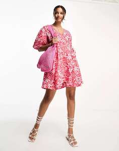Мини-платье Influence с запахом спереди, красно-розовым цветочным принтом