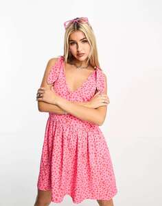 Розовое поплиновое платье в стиле беби-долл с завязками и рукавами Heartbreak