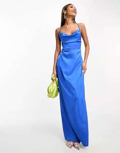 Синее атласное платье макси с воротником-хомутом и завязками на спине NaaNaa