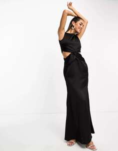 Черное атласное платье макси с глубоким V-образным вырезом на спине и вырезом TFNC