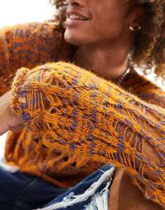 Джемпер с открытой вышивкой COLLUSION оранжевого и синего цвета с потертостями