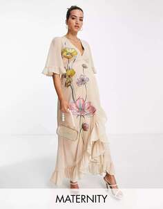 Платье макси с запахом и вышивкой Hope &amp; Ivy Maternity Персиковое цветочное платье