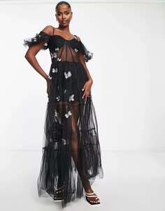 Эксклюзивное черное прозрачное корсетное платье с 3D-принтом и вышивкой Lace &amp; Beads