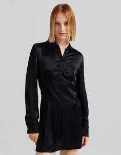 Черное атласное платье-рубашка с корсетом Bershka
