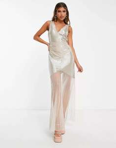 Свадебное платье макси с прозрачным низом Miss Selfridge Premium румяного цвета - BEIGE
