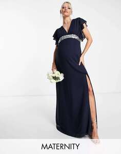 Темно-синее шифоновое платье макси для подружки невесты с развевающимися рукавами и украшенной талией TFNC TFNC