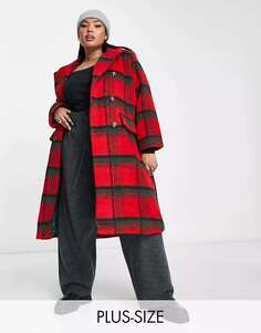Двубортное длинное пальто QED London в красную клетку