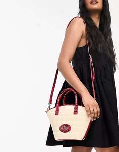 Широкая сумка-тоут из рафии Love Moschino цвета натуральной змеи и красного цвета