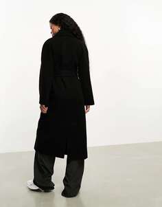 Черное длинное пальто с поясом и запахом Miss Selfridge Petite