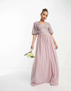 Платье макси матового розового цвета с декорированным лифом и развевающимися рукавами Beauut Bridesmaid
