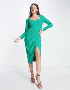 Изумрудно-зеленое платье миди с вырезом в форме сердца и присборенной юбкой с запахом ASOS