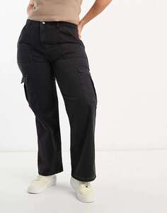 Стираные черные джинсы карго с высокой талией и широкими штанинами DTT Plus Elle Don&apos;t Think Twice