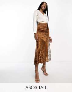 Атласная юбка-комбинация миди ASOS DESIGN Tall в ржавый горошек с кружевными вставками