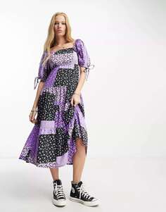 Платье миди с пышными рукавами Violet Romance с фиолетовым лоскутным принтом