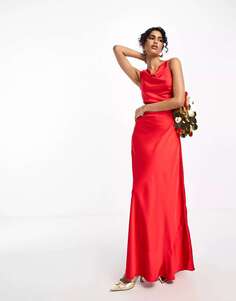Красное атласное платье макси с воротником-хомутом TFNC