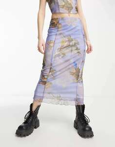 Неоново-нейлоновая юбка миди с низкой посадкой и принтом херувима ONLY