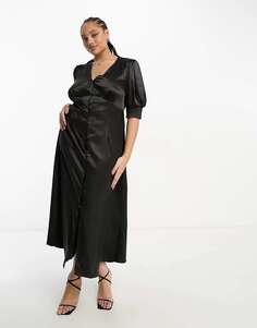 Черное атласное платье миди на пуговицах Urban Threads