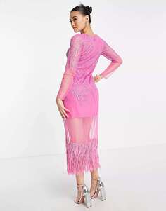 Ярко-розовое платье миди с пайетками Starlet и отделкой из искусственных перьев
