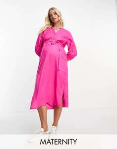 Розовое платье миди с длинными рукавами и запахом Mamalicious Maternity Mama.licious