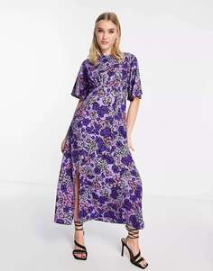 Чайное платье миди миди с развевающимися рукавами Influence с фиолетовым цветочным принтом