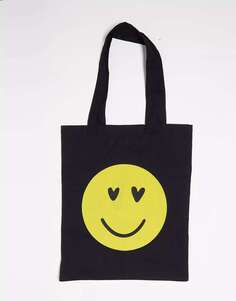 Черная хлопковая сумка-тоут со счастливым лицом ASOS