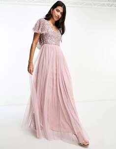 Платье макси Beauut Bridesmaid с развевающимися деталями матово-розового цвета