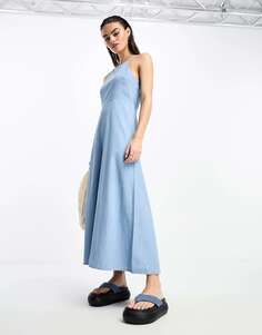 Синее джинсовое платье макси с воротником-халтером Selected Femme