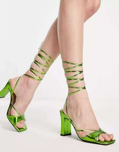 Зеленые босоножки на плоском каблуке с завязками на тонких ремешках London Rebel