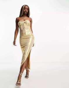 Эксклюзивное золотое платье мидакси с эффектом металлик и жидким металликом Collective the Label