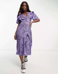 Платье миди с оборками и запахом Influence фиолетового цвета с цветочным принтом