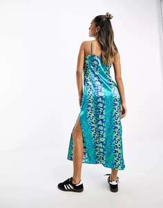 Синее атласное платье миди Urban Threads с леопардовым принтом