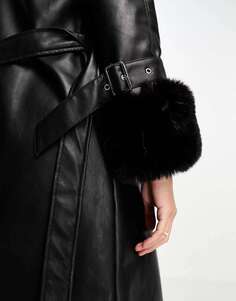 Черное длинное пальто из искусственной кожи с отделкой из искусственного меха QED London