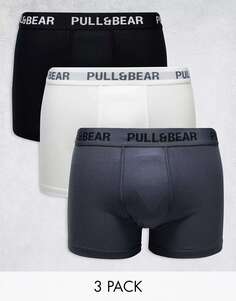 Три пары боксеров Pull&amp;Bear с контрастным поясом белого, серого и черного цветов
