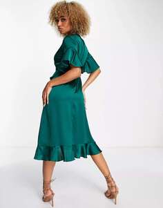 Изумрудно-зеленое платье миди с оборками и запахом AX Paris
