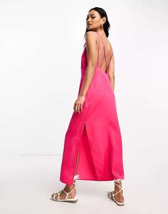 Ярко-розовое атласное платье миди с перекрещенной спиной Lola May