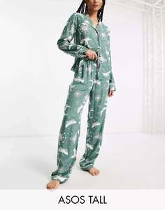 Пижамный комплект из рубашки и брюк шалфейного цвета с модальной астрологией ASOS DESIGN Tall