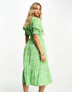 Платье миди с завязками спереди Influence ярко-зеленого цвета с цветочным принтом