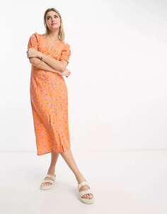 Оранжевое платье миди на пуговицах спереди Influence с цветочным принтом