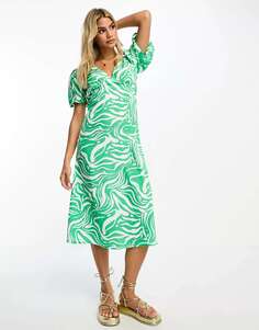 Зеленое платье миди с v-образным вырезом Influence и абстрактным принтом