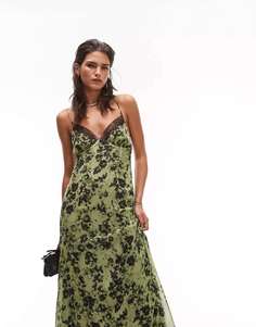 Платье-комбинация макси Topshop зеленого шифонового принта