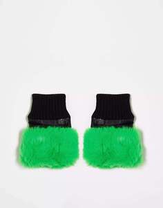 Черные/зеленые кожаные перчатки без пальцев с отделкой искусственным мехом Jayely Jayley