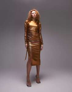 Topshop бронзовое асимметричное платье макси с длинными рукавами