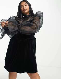 Черное бархатное мини-платье с высоким воротником и прозрачными рукавами ASOS LUXE Curve
