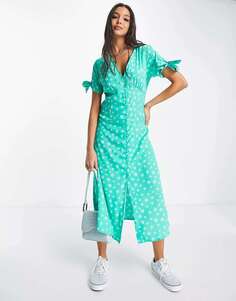 Зеленое чайное платье миди с v-образным вырезом и цветочным принтом Wednesday&apos;s Girl
