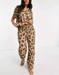 Коричневая пижамная рубашка из модала с леопардовым принтом ASOS