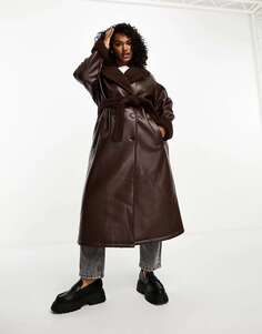 Шоколадно-коричневый удлиненное пальто-авиатор Threadbare Plus Lois с отделкой борг Threadbare