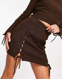 Коричневая трикотажная мини-юбка комбинированного цвета со шнуровкой спереди ASOS
